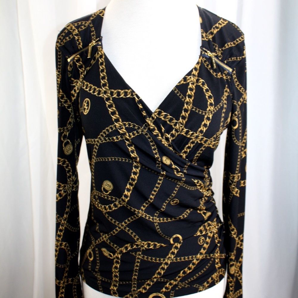 Micheal Kors long sleeve silky blouse gold accent